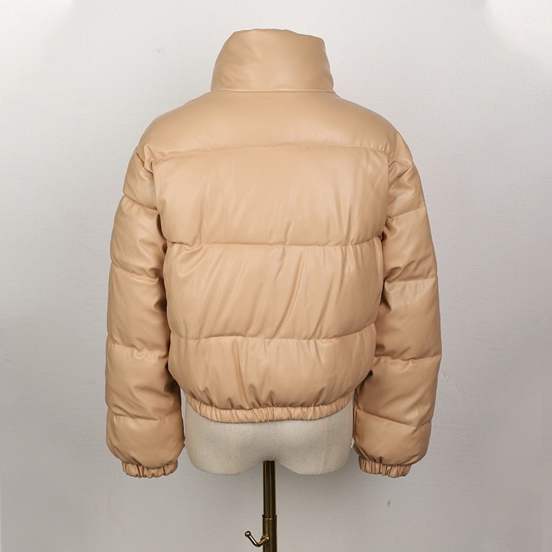 Women’s Faux Leather Puffer Jacket – Cropped Quilted Layer for Contemporary Winter Styling