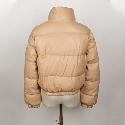 Women’s Faux Leather Puffer Jacket – Cropped Quilted Layer for Contemporary Winter Styling
