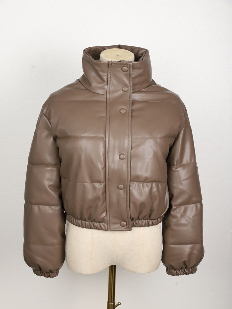 Women’s Faux Leather Puffer Jacket – Cropped Quilted Layer for Contemporary Winter Styling