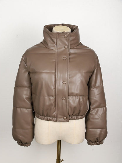 Women’s Faux Leather Puffer Jacket – Cropped Quilted Layer for Contemporary Winter Styling