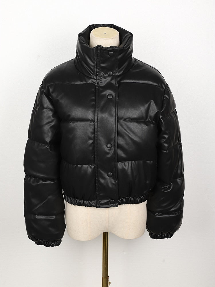 Women’s Faux Leather Puffer Jacket – Cropped Quilted Layer for Contemporary Winter Styling