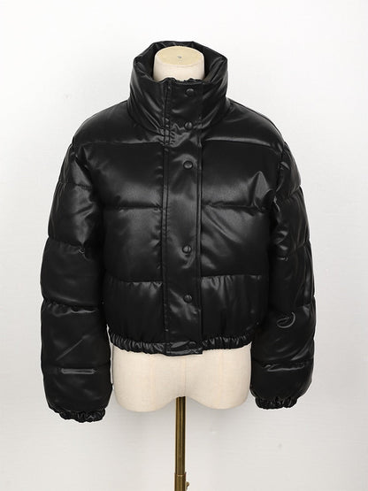 Women’s Faux Leather Puffer Jacket – Cropped Quilted Layer for Contemporary Winter Styling