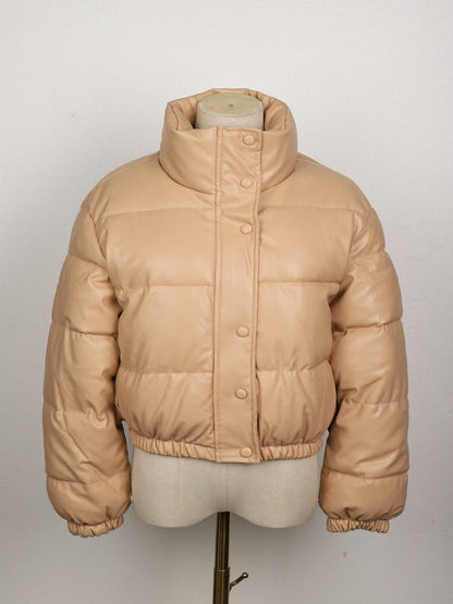 Women’s Faux Leather Puffer Jacket – Cropped Quilted Layer for Contemporary Winter Styling