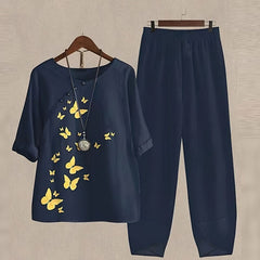 Women’s Two-Piece Set – Butterfly-Print Tunic with Elasticated-Waist Trousers