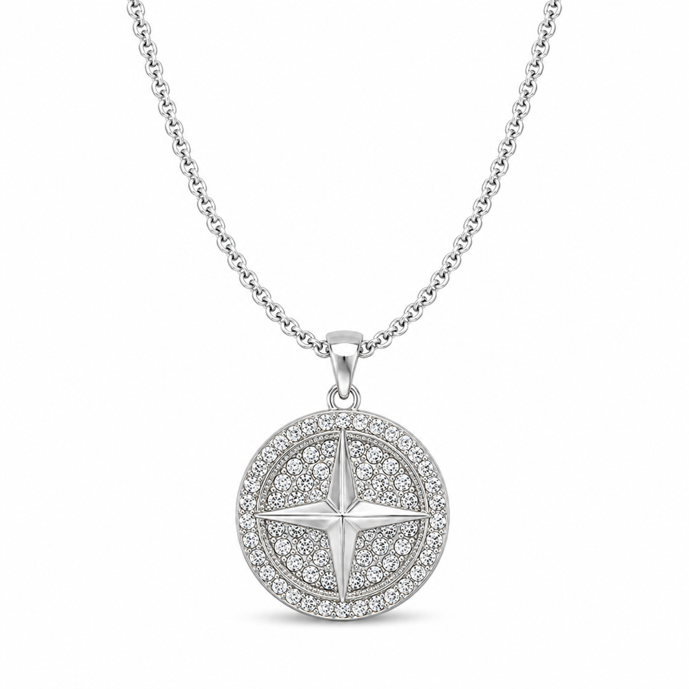 Silver iced compass pendant necklace on white