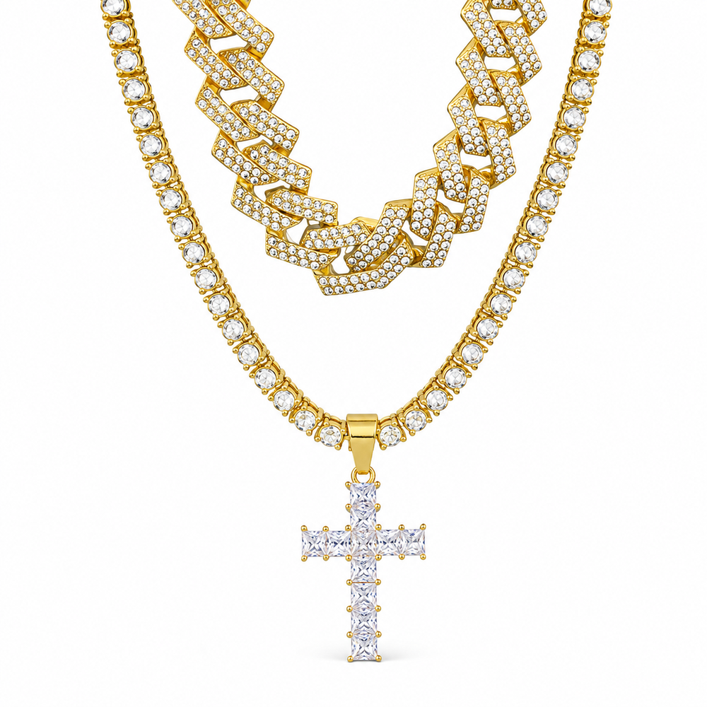 iced cross cuban necklace on white background