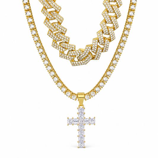 iced cross cuban necklace on white background