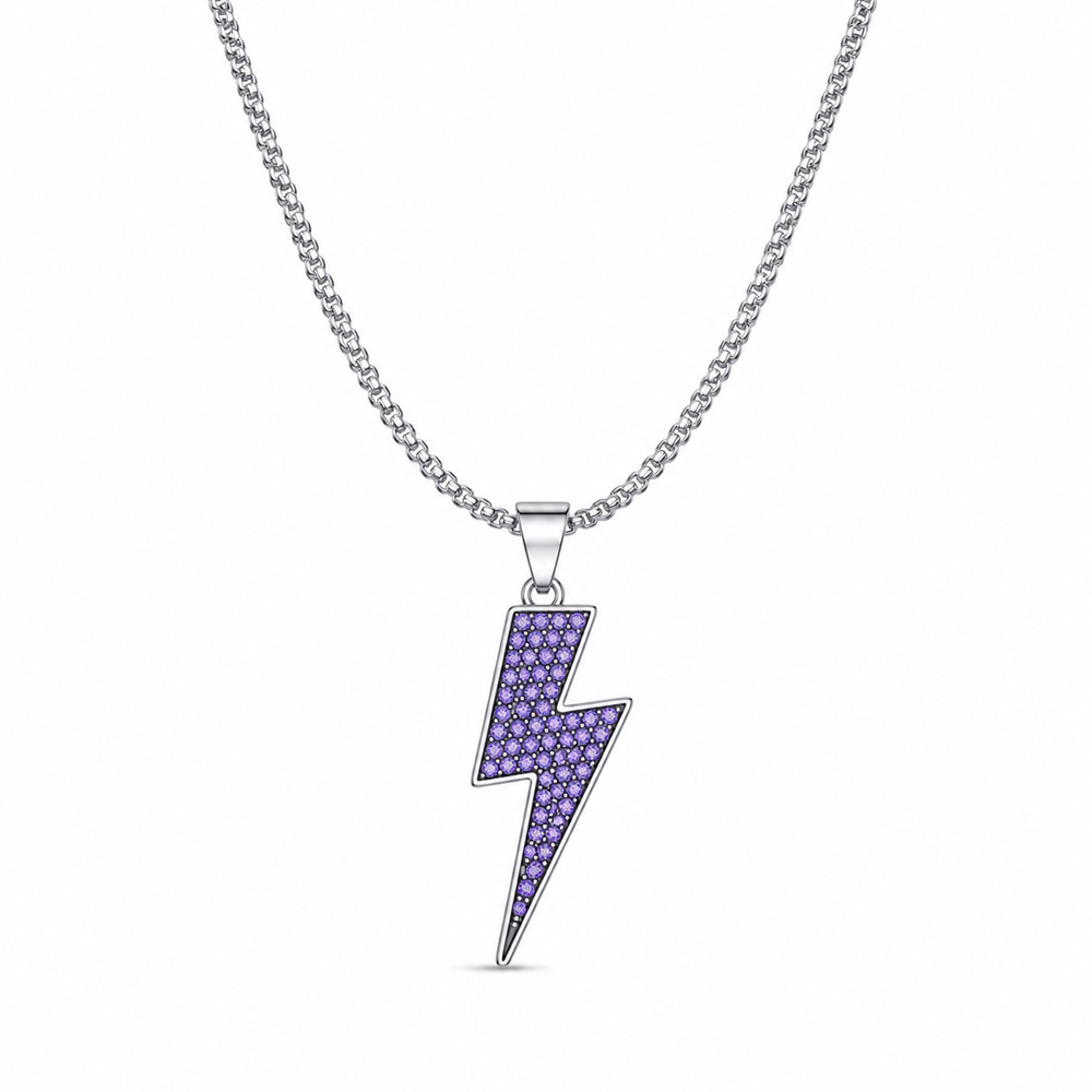 Purple iced lightning bolt pendant necklace on white