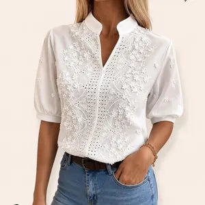 Women’s Embroidered Blouse – Puff-Sleeve Summer Top with Split Neckline