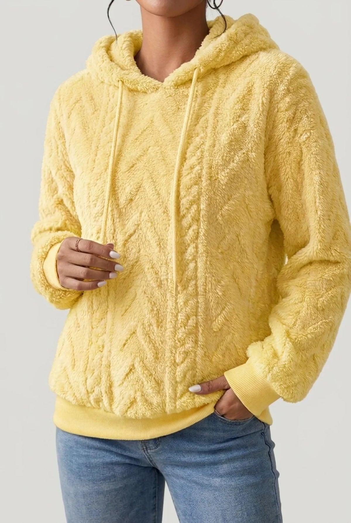 Women’s Hoodie – Cable-Knit Plush Hoodie with Drawcord