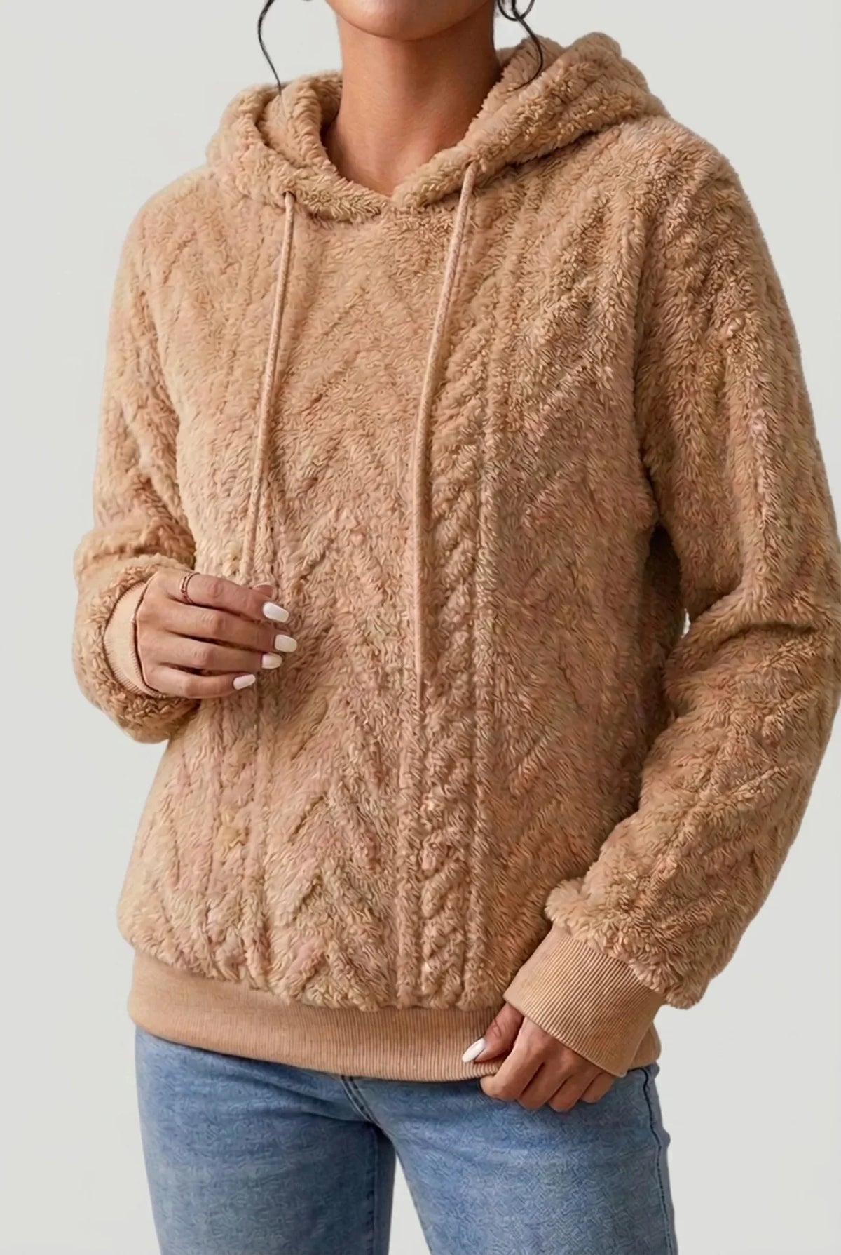 Women’s Hoodie – Cable-Knit Plush Hoodie with Drawcord