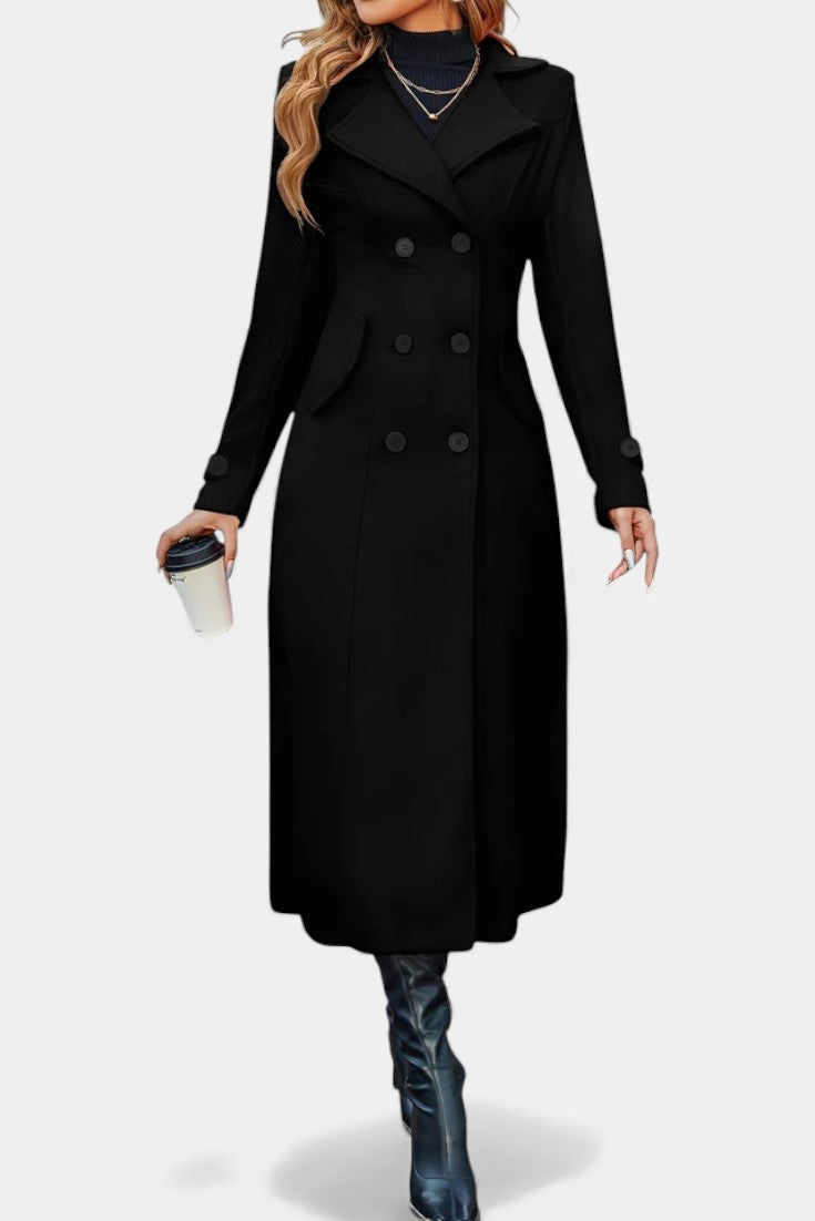 Women’s Long Coat – Double-Breasted Calf-Length Coat with Notch Collar