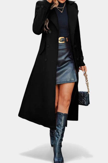 Women’s Long Coat – Double-Breasted Calf-Length Coat with Notch Collar