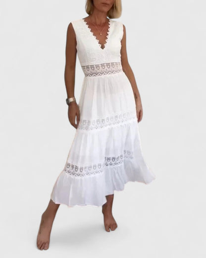 Women’s Lace-Trim Midi Dress – Sleeveless V-Neck Style for Summer Events