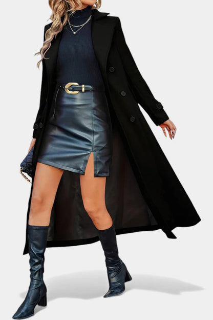 Women’s Long Coat – Double-Breasted Calf-Length Coat with Notch Collar