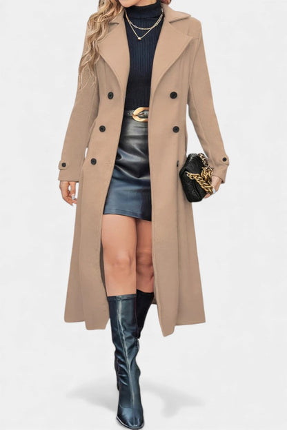 Women’s Long Coat – Double-Breasted Calf-Length Coat with Notch Collar