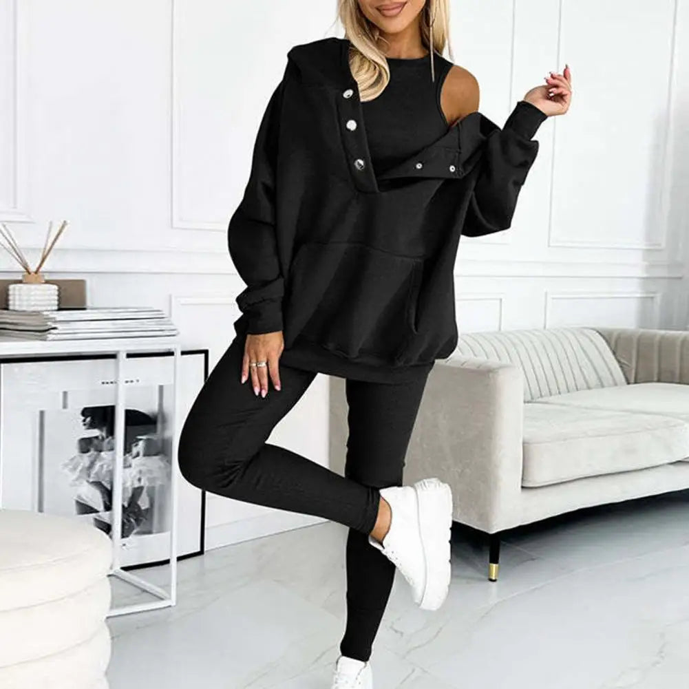 Women’s Button-Neck Hoodie and Leggings Set – Relaxed Two-Piece Casual Outfit