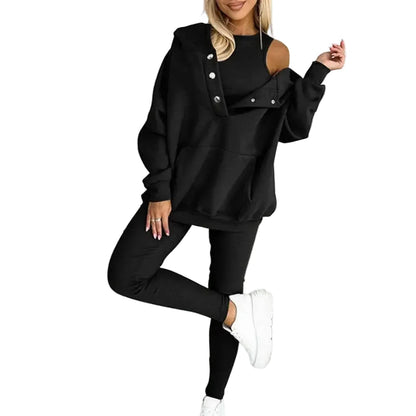 Women’s Three-Piece Lounge Set – Asymmetric Hooded Jacket with Tank Top and Slim Trousers for Casual Streetwear