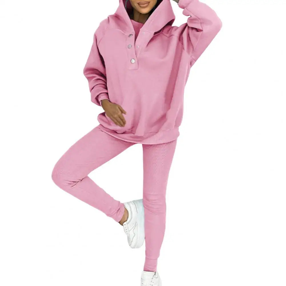 Women’s Button-Neck Hoodie and Leggings Set – Relaxed Two-Piece Casual Outfit