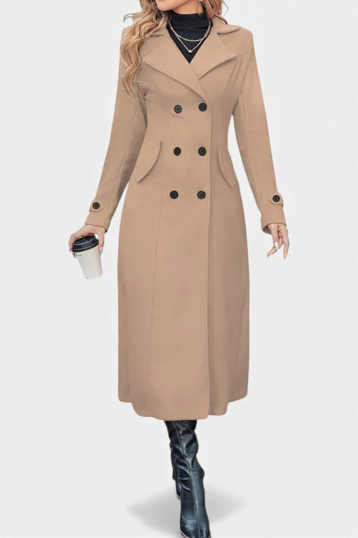 Women’s Long Coat – Double-Breasted Calf-Length Coat with Notch Collar