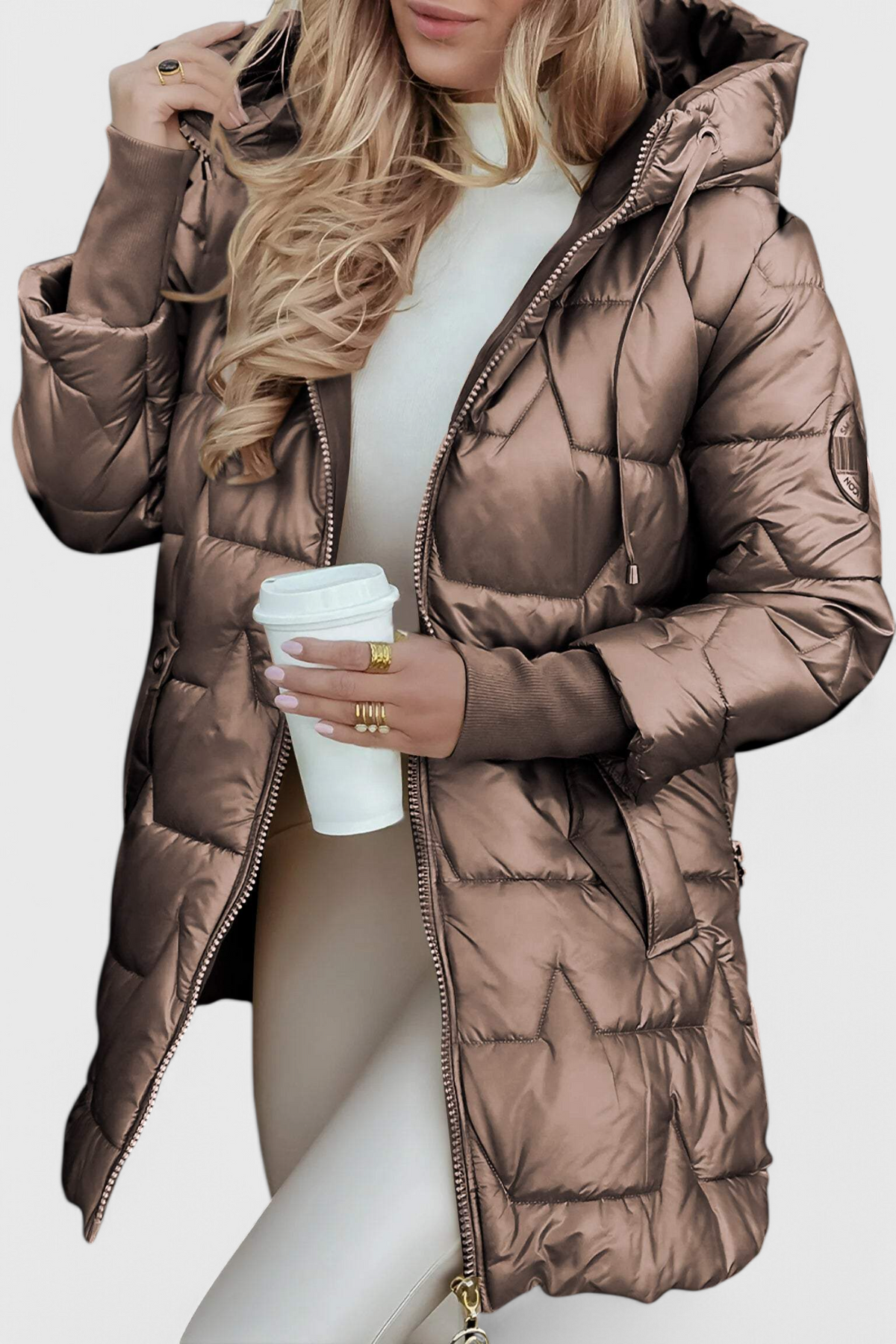 Women’s Long Quilted Jacket – Hooded Padded Coat with Ribbed Cuffs