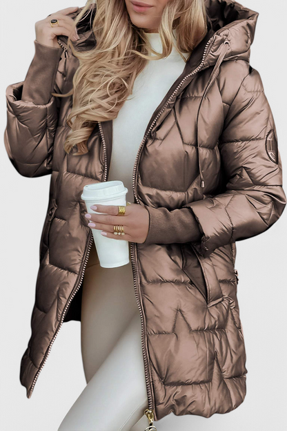Women’s Long Quilted Jacket – Hooded Padded Coat with Ribbed Cuffs