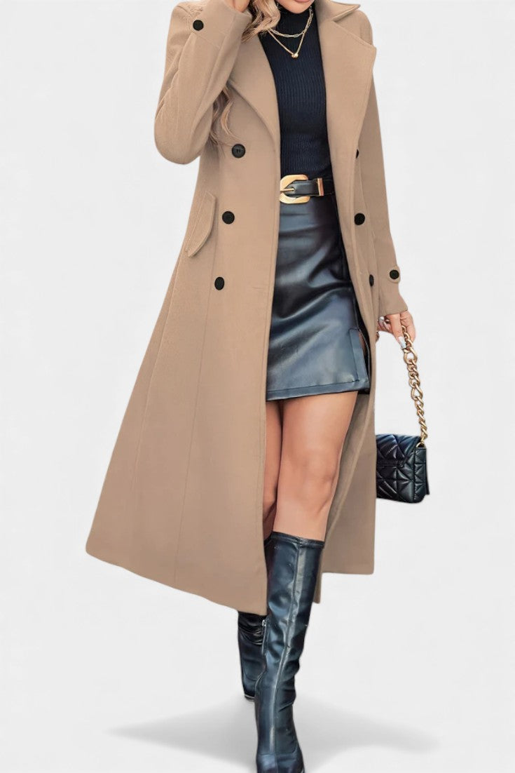 Women’s Long Coat – Double-Breasted Calf-Length Coat with Notch Collar
