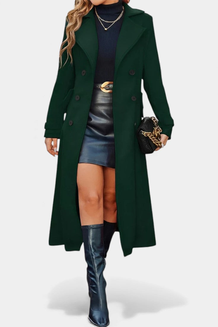 Women’s Long Coat – Double-Breasted Calf-Length Coat with Notch Collar