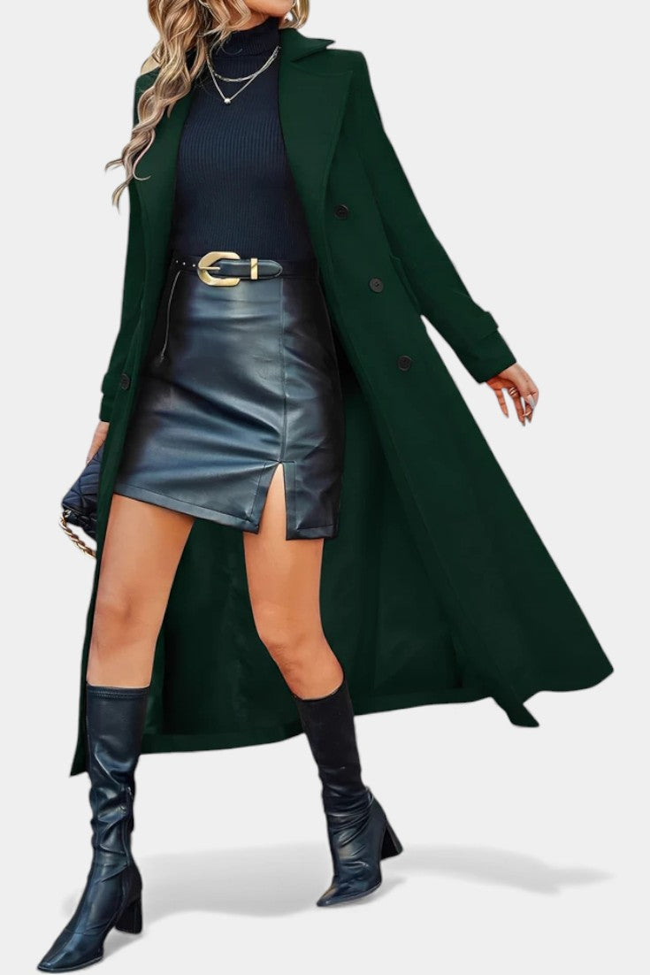 Women’s Long Coat – Double-Breasted Calf-Length Coat with Notch Collar