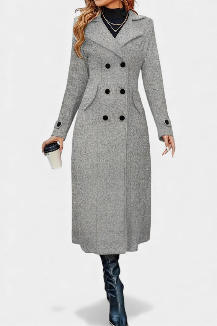 Women’s Long Coat – Double-Breasted Calf-Length Coat with Notch Collar