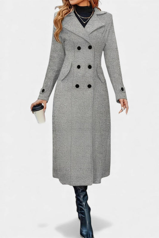 Women’s Long Coat – Double-Breasted Calf-Length Coat with Notch Collar