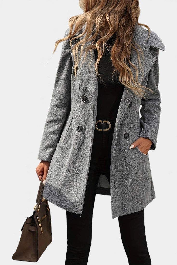 Women’s Hooded Coat – Double-Breasted Knee-Length Coat with Lapel Collar