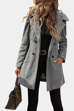 Women’s Hooded Coat – Double-Breasted Knee-Length Coat with Lapel Collar