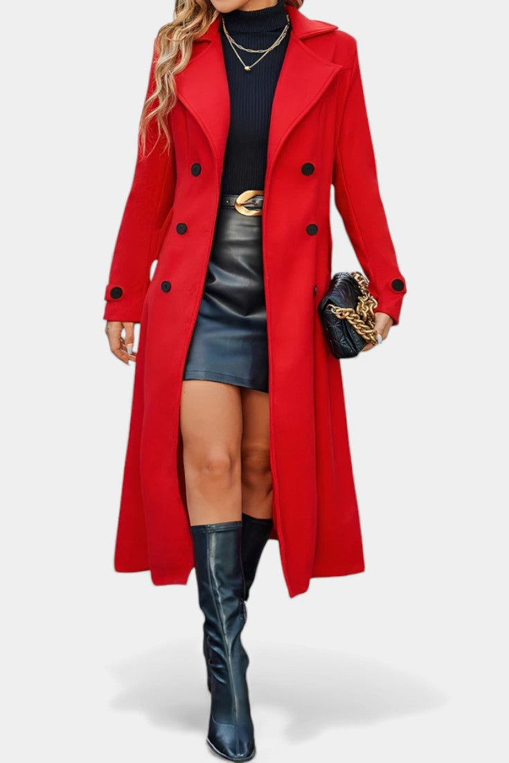Women’s Long Coat – Double-Breasted Calf-Length Coat with Notch Collar