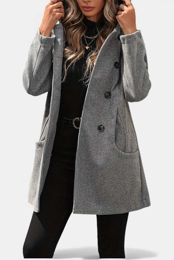 Women’s Hooded Coat – Double-Breasted Knee-Length Coat with Lapel Collar