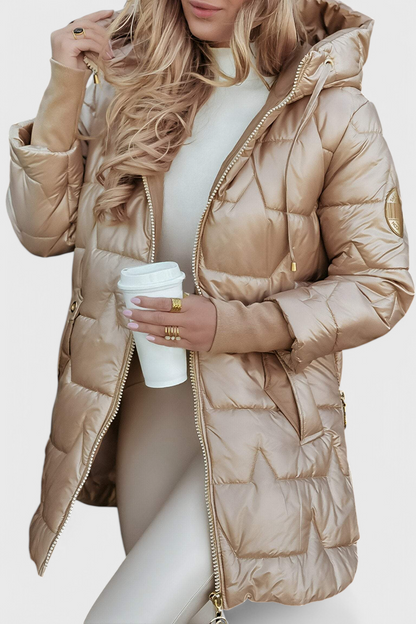 Women’s Long Quilted Jacket – Hooded Padded Coat with Ribbed Cuffs