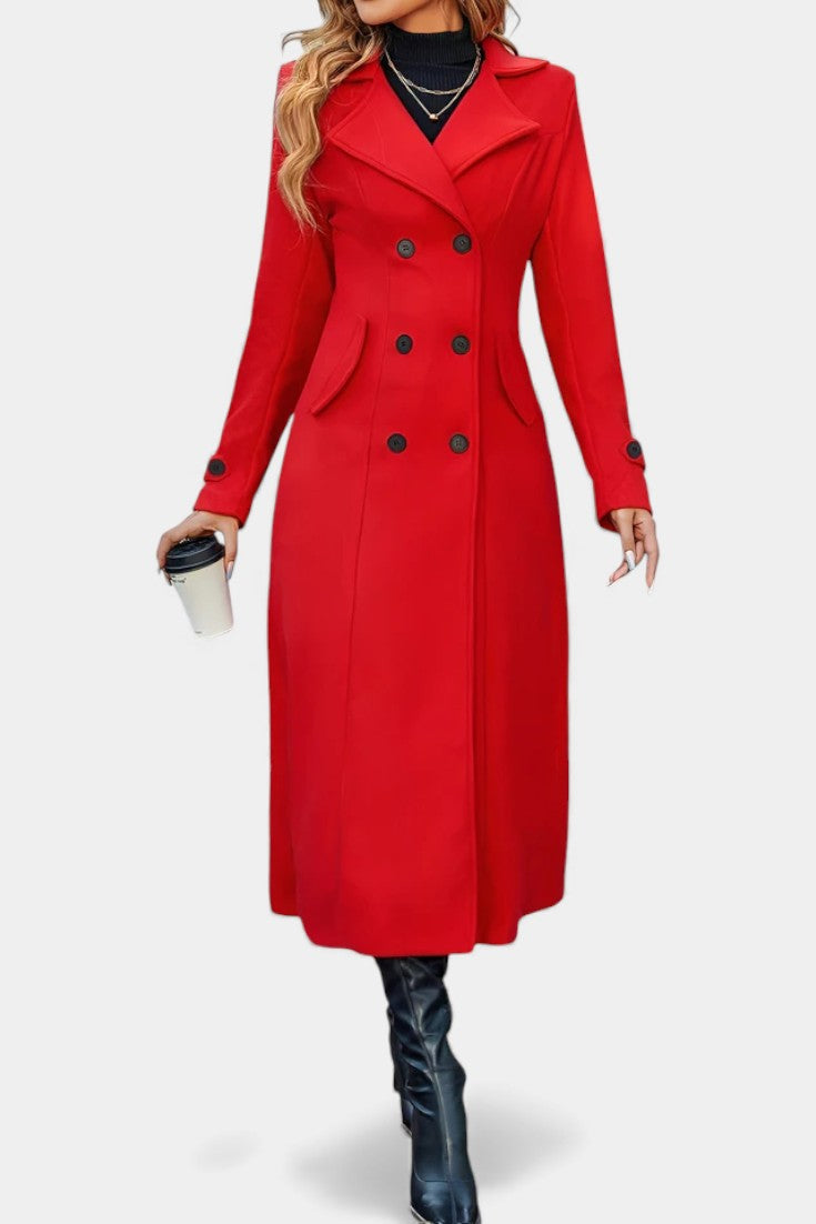 Women’s Long Coat – Double-Breasted Calf-Length Coat with Notch Collar