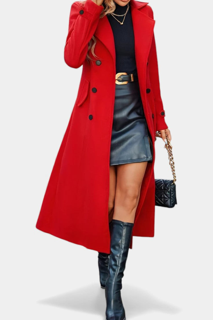 Women’s Long Coat – Double-Breasted Calf-Length Coat with Notch Collar