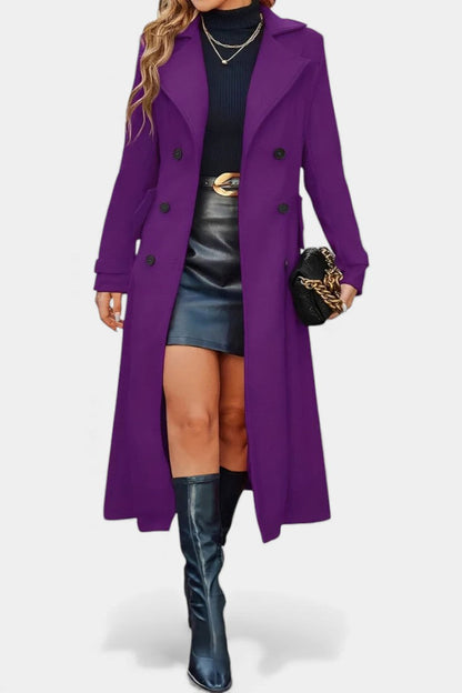 Women’s Long Coat – Double-Breasted Calf-Length Coat with Notch Collar