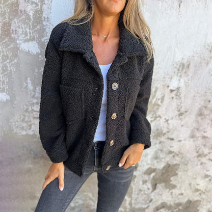 Women’s Teddy Fleece Jacket – Relaxed Button-Up Winter Layer with Soft Lining