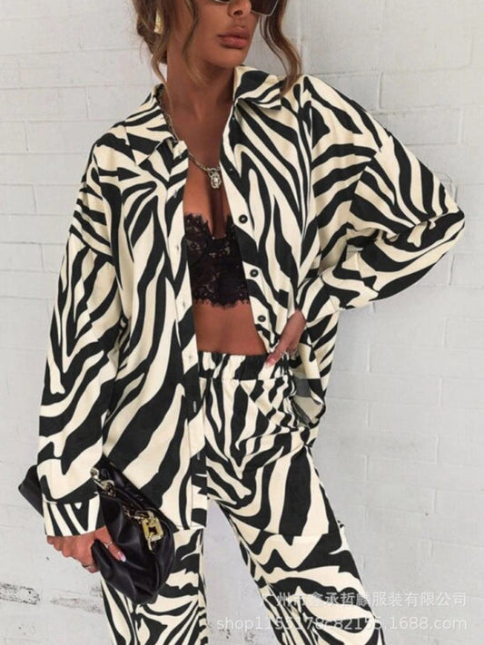 Women’s Printed Shirt and Trouser Set – Button-Front Long-Sleeve Top with Wide-Leg Trousers for Statement Casual Wear