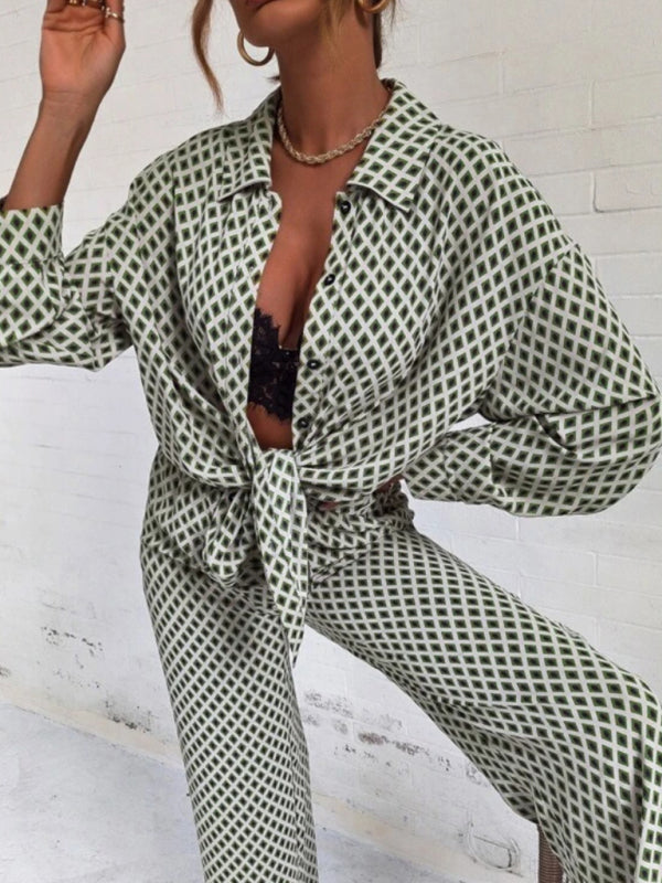 Women’s Printed Shirt and Trouser Set – Button-Front Long-Sleeve Top with Wide-Leg Trousers for Statement Casual Wear