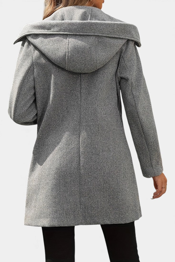 Women’s Hooded Coat – Double-Breasted Knee-Length Coat with Lapel Collar