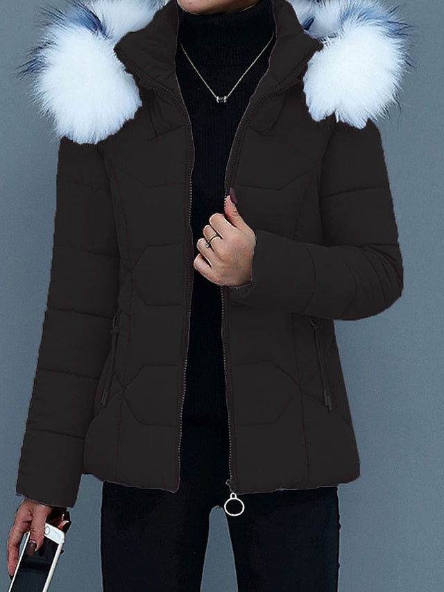 Women’s Faux Fur Hooded Puffer Jacket – Quilted Winter Layer for Cold-Weather Outings