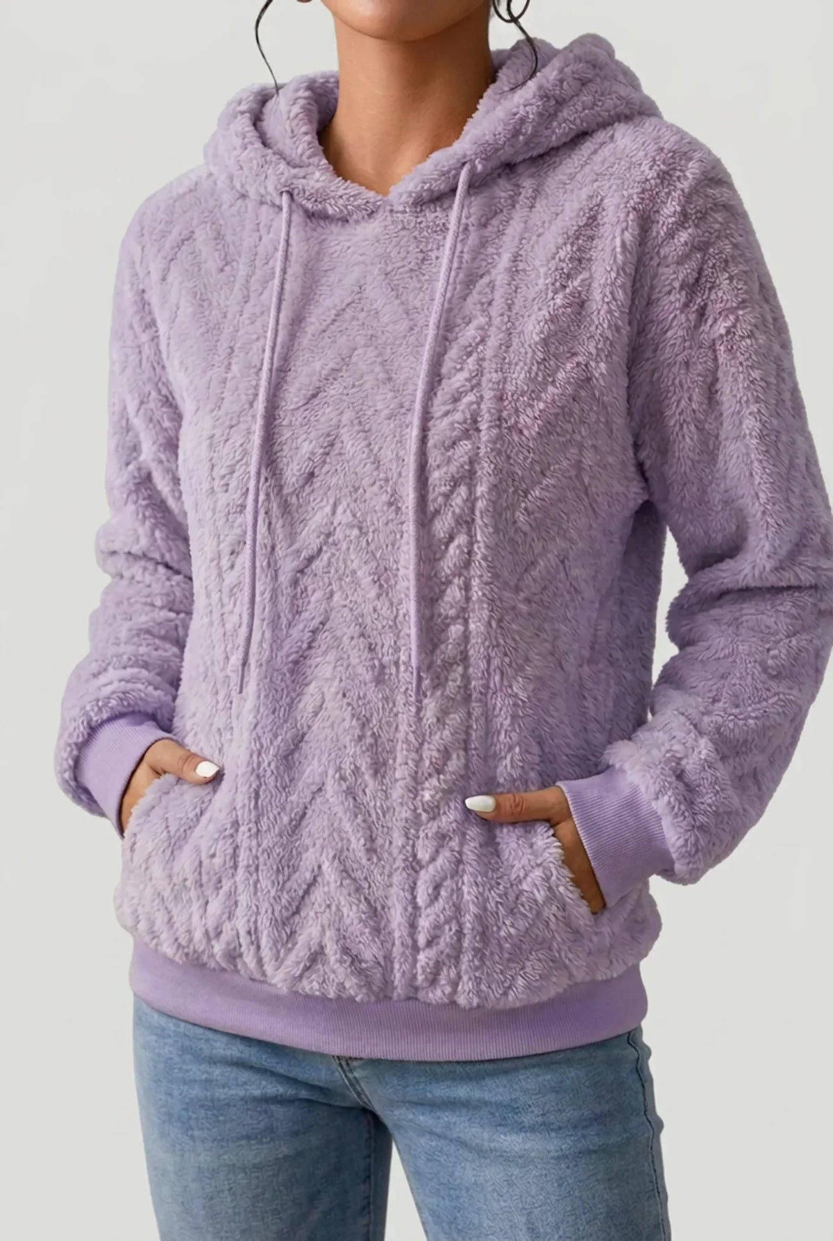 Women’s Hoodie – Cable-Knit Plush Hoodie with Drawcord