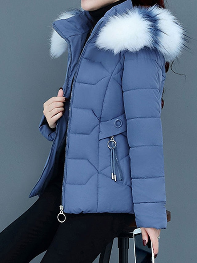 Women’s Faux Fur Hooded Puffer Jacket – Quilted Winter Layer for Cold-Weather Outings