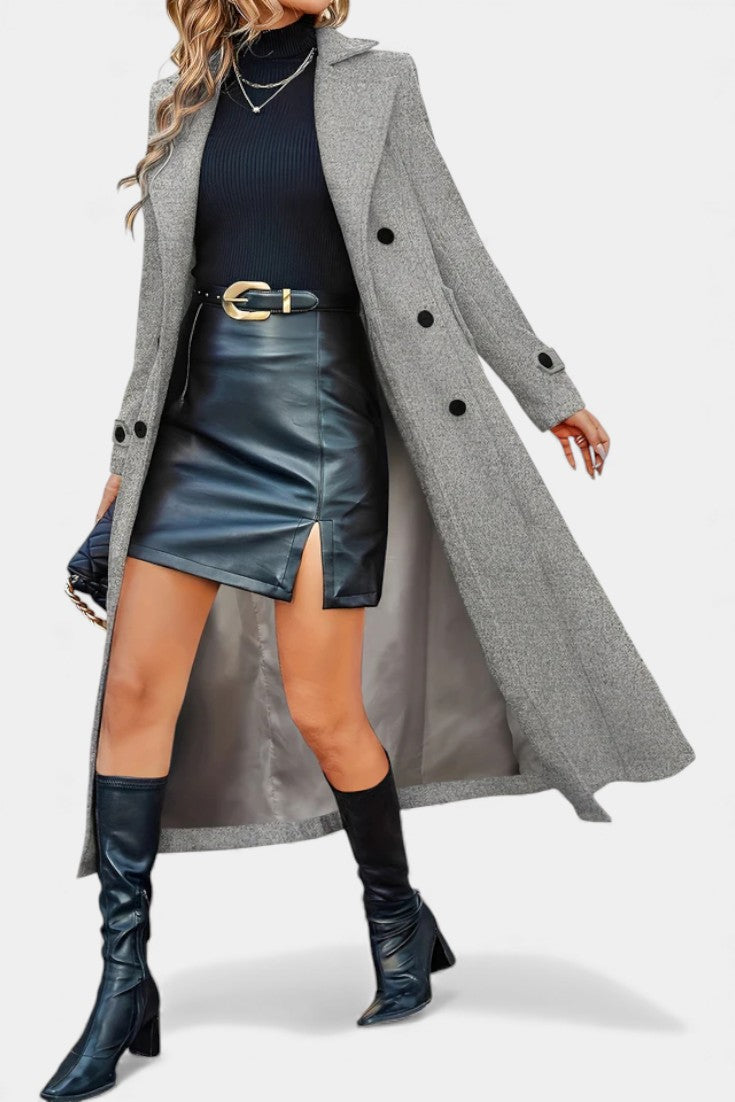 Women’s Long Coat – Double-Breasted Calf-Length Coat with Notch Collar