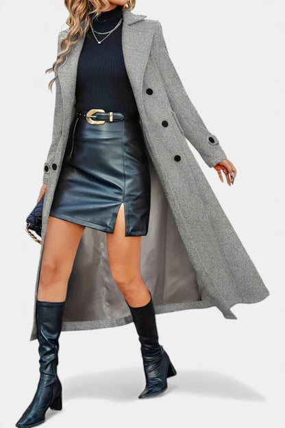Women’s Long Coat – Double-Breasted Calf-Length Coat with Notch Collar