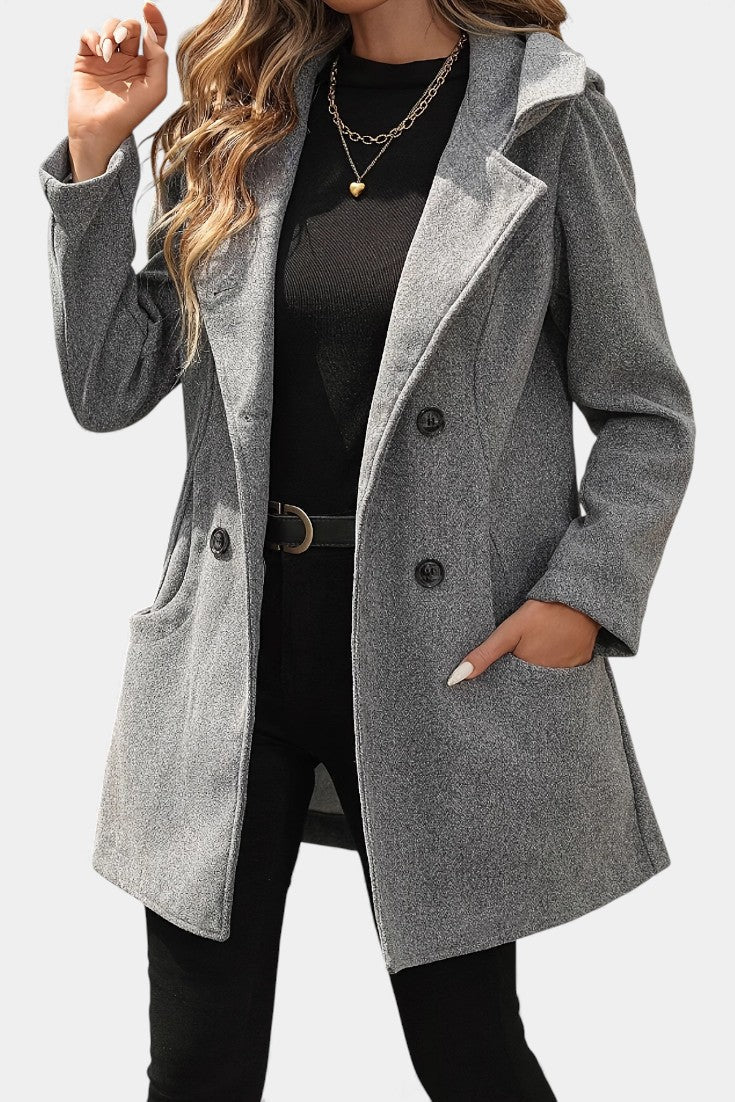 Women’s Hooded Coat – Double-Breasted Knee-Length Coat with Lapel Collar