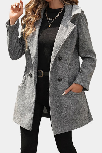 Women’s Hooded Coat – Double-Breasted Knee-Length Coat with Lapel Collar
